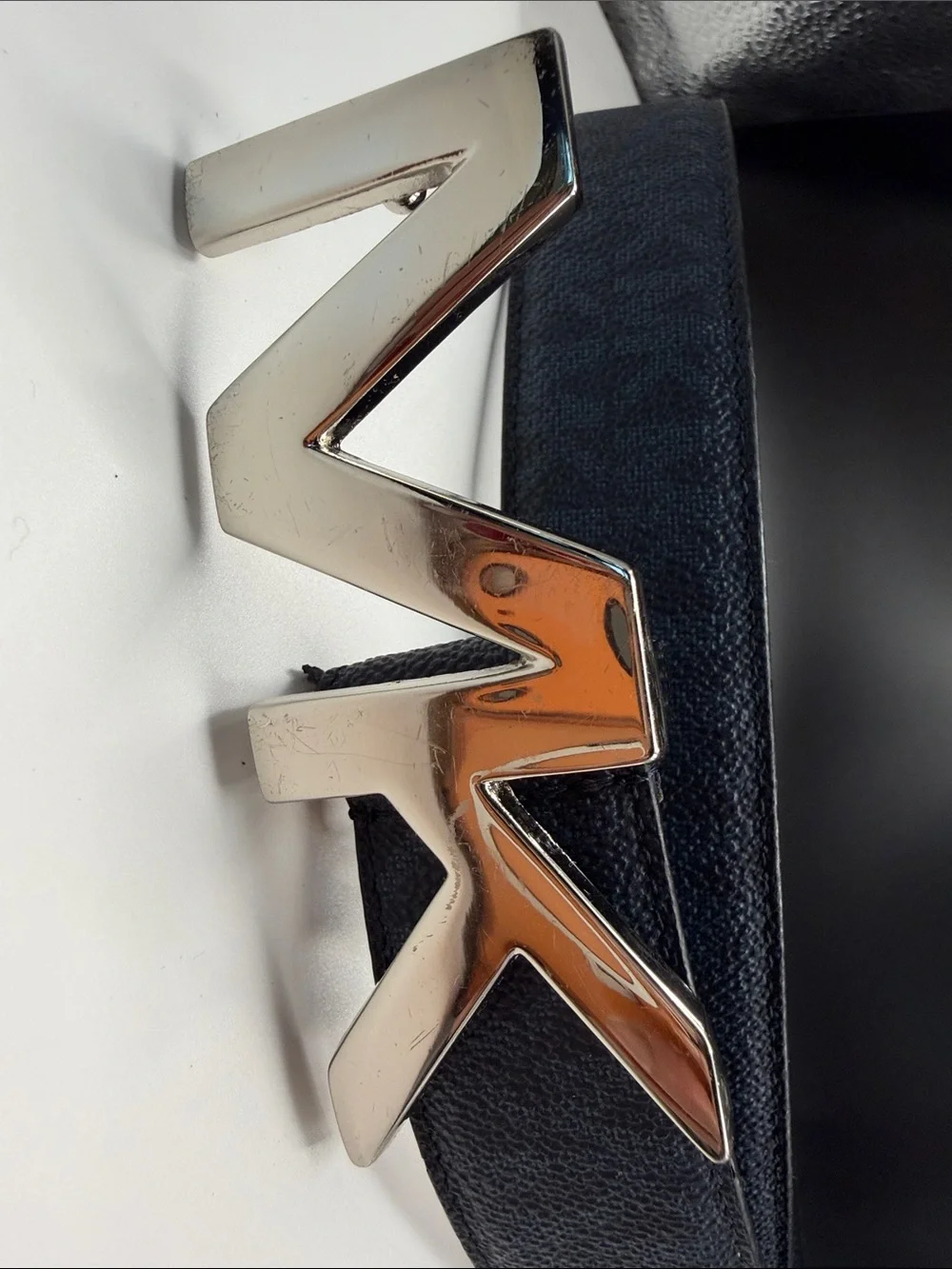 Michael Kors Black Leather Belt with Silver MK Logo Buckle